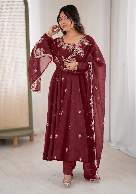 Maroon  Sequnce Emroidery Work Silk Kurta Set