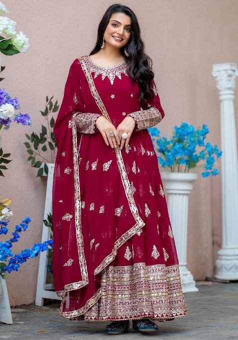 Red  Sequnce Emroidery Work Georgette Kurta Set