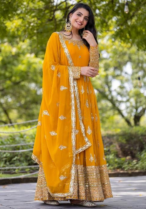 Mustard  Sequnce Emroidery Work Georgette Kurta Set