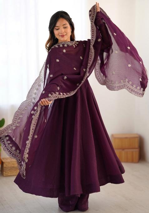 Purple  Sequnce Emroidery Work Chinnon Silk  Kurta Set