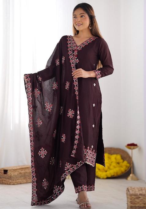 Wine  Sequnce Emroidery Work Chinnon Silk  Kurta Set