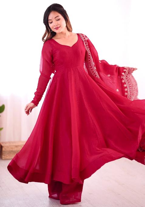 Red  Sequnce Emroidery Work Chinnon Silk  Kurta Set