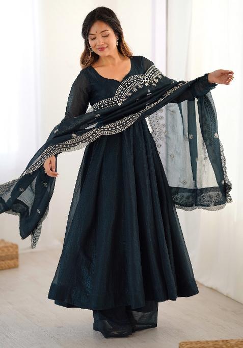 Blue  Sequnce Emroidery Work Chinnon Silk  Kurta Set