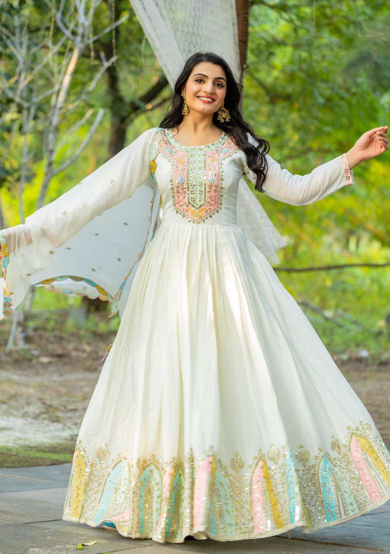 White Embroidered Chinon Anarkali Set - Indya