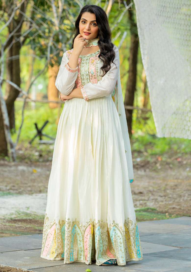 White Embroidered Chinon Anarkali Set - Indya