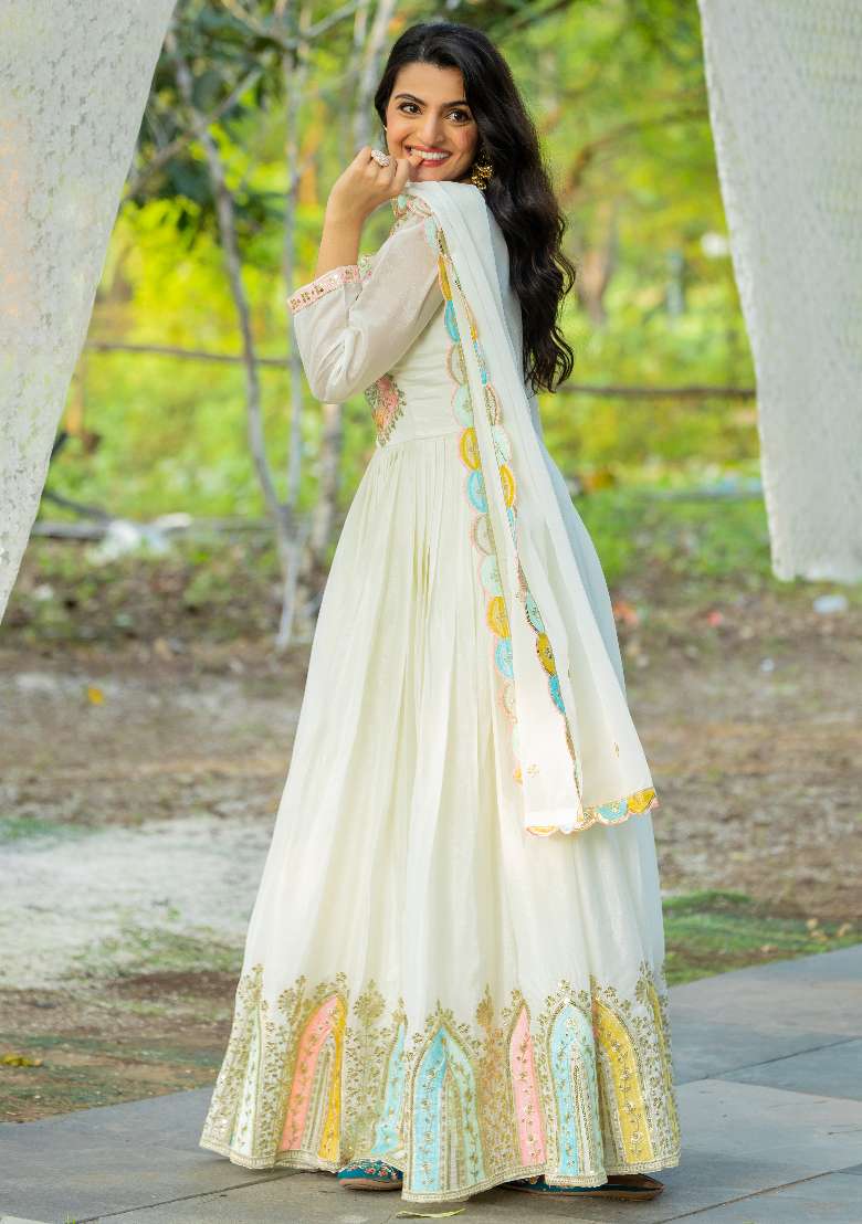White Embroidered Chinon Anarkali Set - Indya
