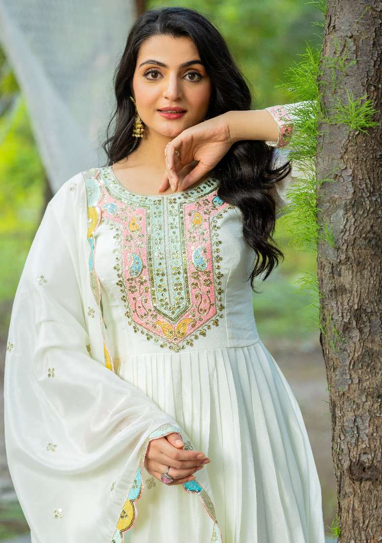 White Embroidered Chinon Anarkali Set - Indya