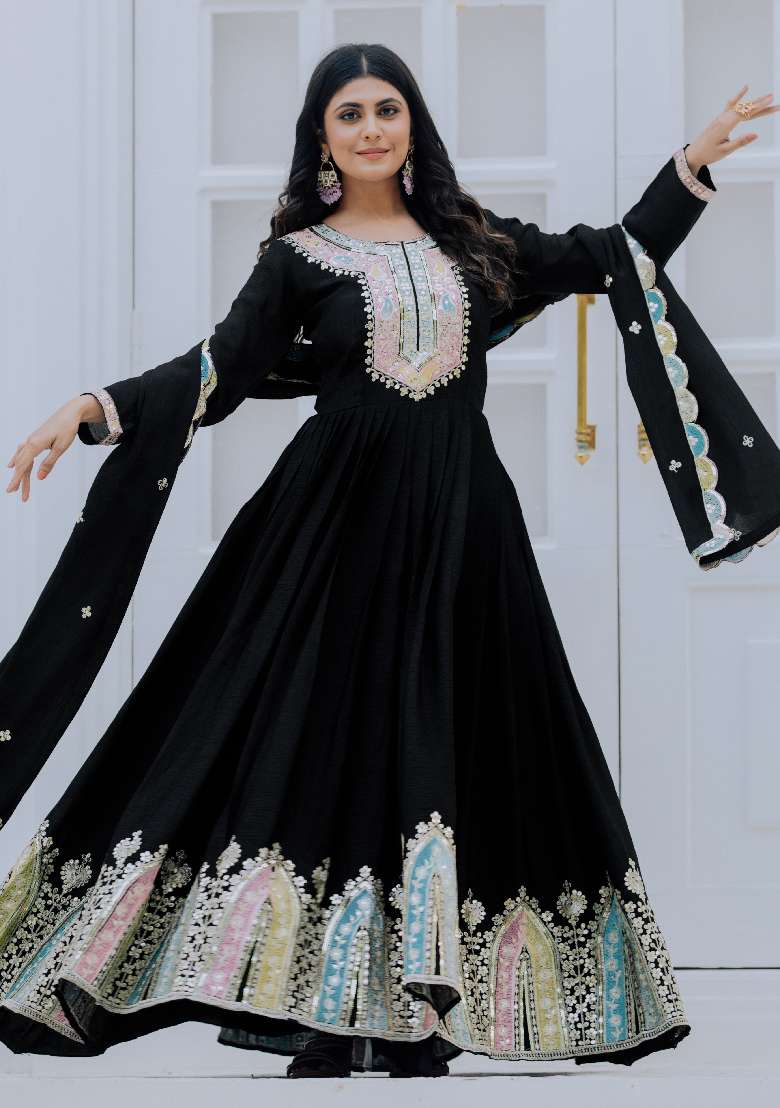 Black Embroidered Chinon Anarkali Set - Indya