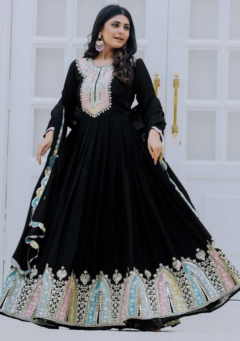 Black Embroidered Chinon Anarkali Set - Indya
