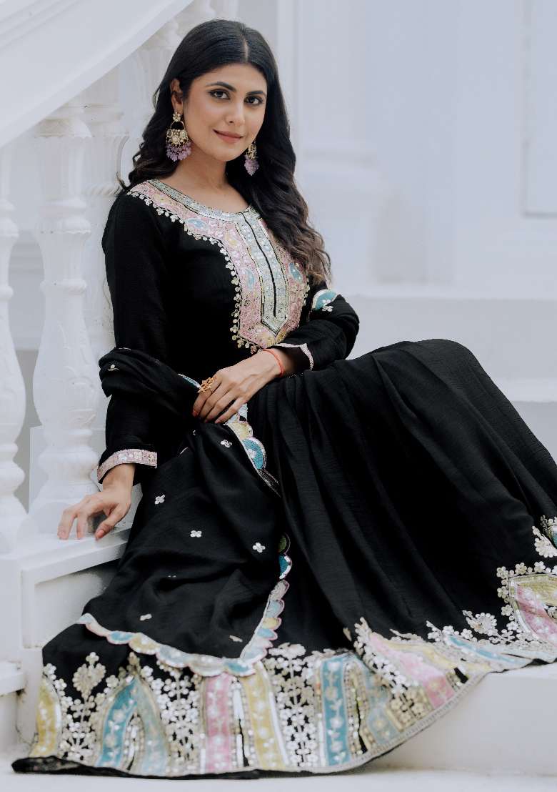 Black Embroidered Chinon Anarkali Set - Indya