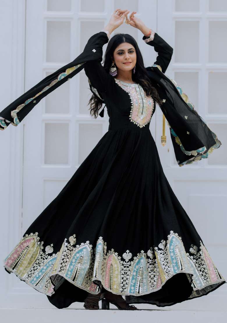 Black Embroidered Chinon Anarkali Set - Indya