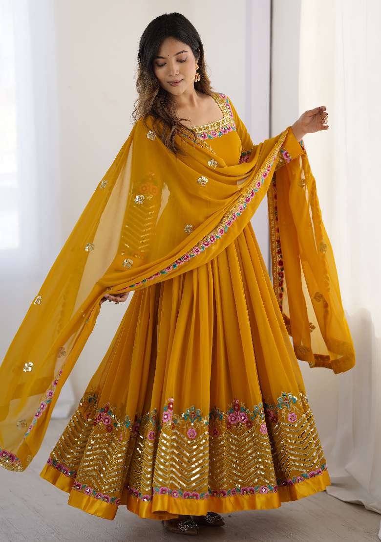 Mustard Embroidered Georgette Anarkali Set - Indya