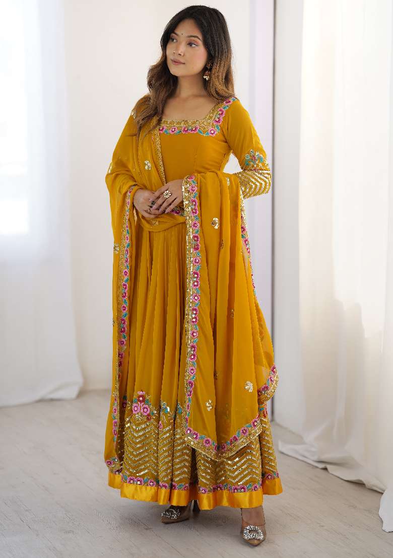Mustard Embroidered Georgette Anarkali Set - Indya