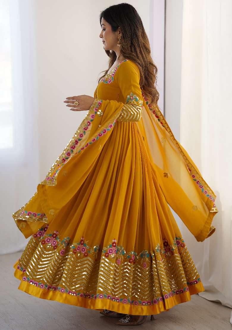 Mustard Embroidered Georgette Anarkali Set - Indya