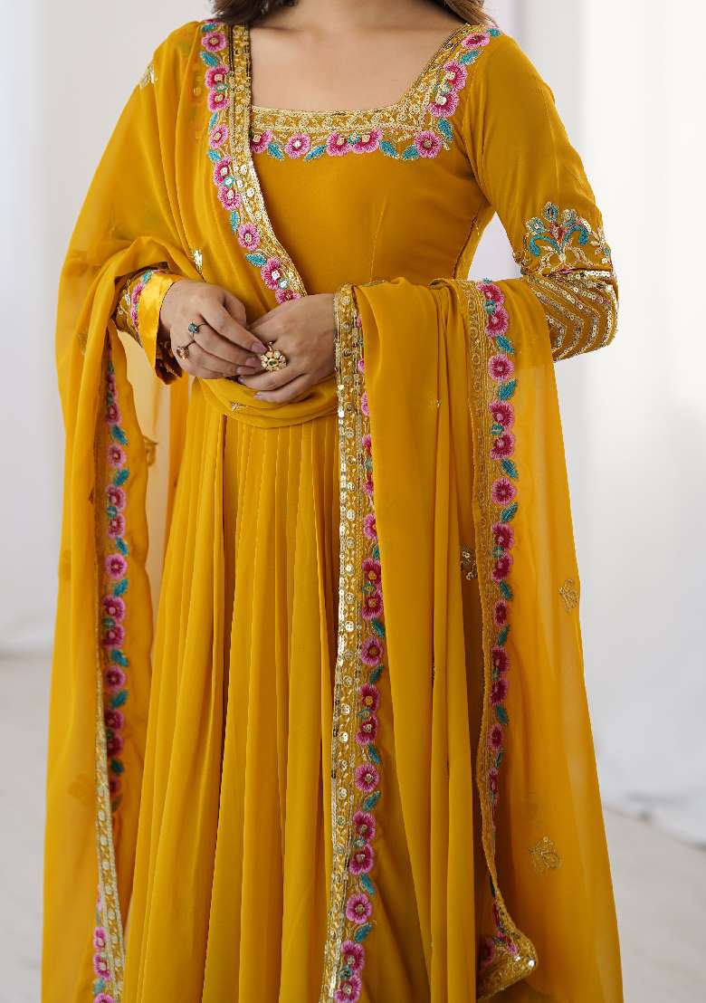 Mustard Embroidered Georgette Anarkali Set - Indya