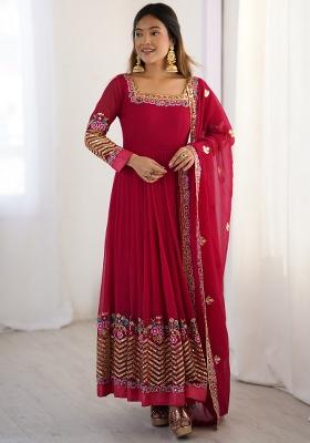 Red  Sequnce Emroidery Work Georgette Kurta Set