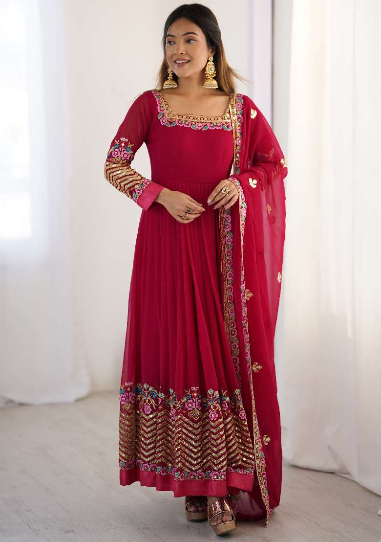 Red Embroidered Georgette Anarkali Set - Indya