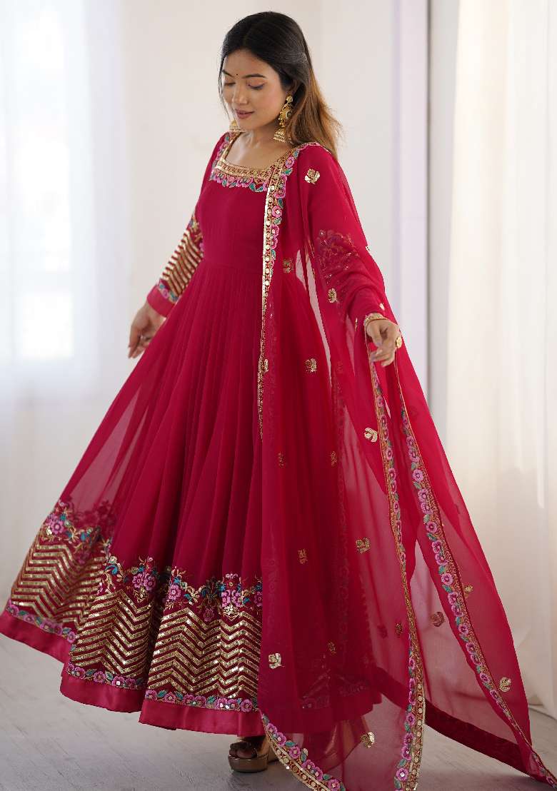 Red Embroidered Georgette Anarkali Set - Indya
