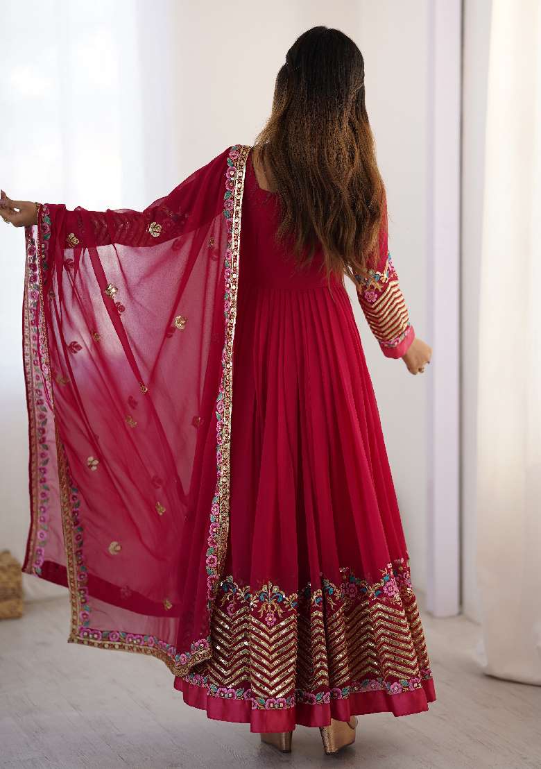 Red Embroidered Georgette Anarkali Set - Indya