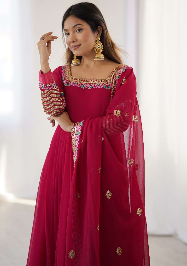 Red Embroidered Georgette Anarkali Set - Indya