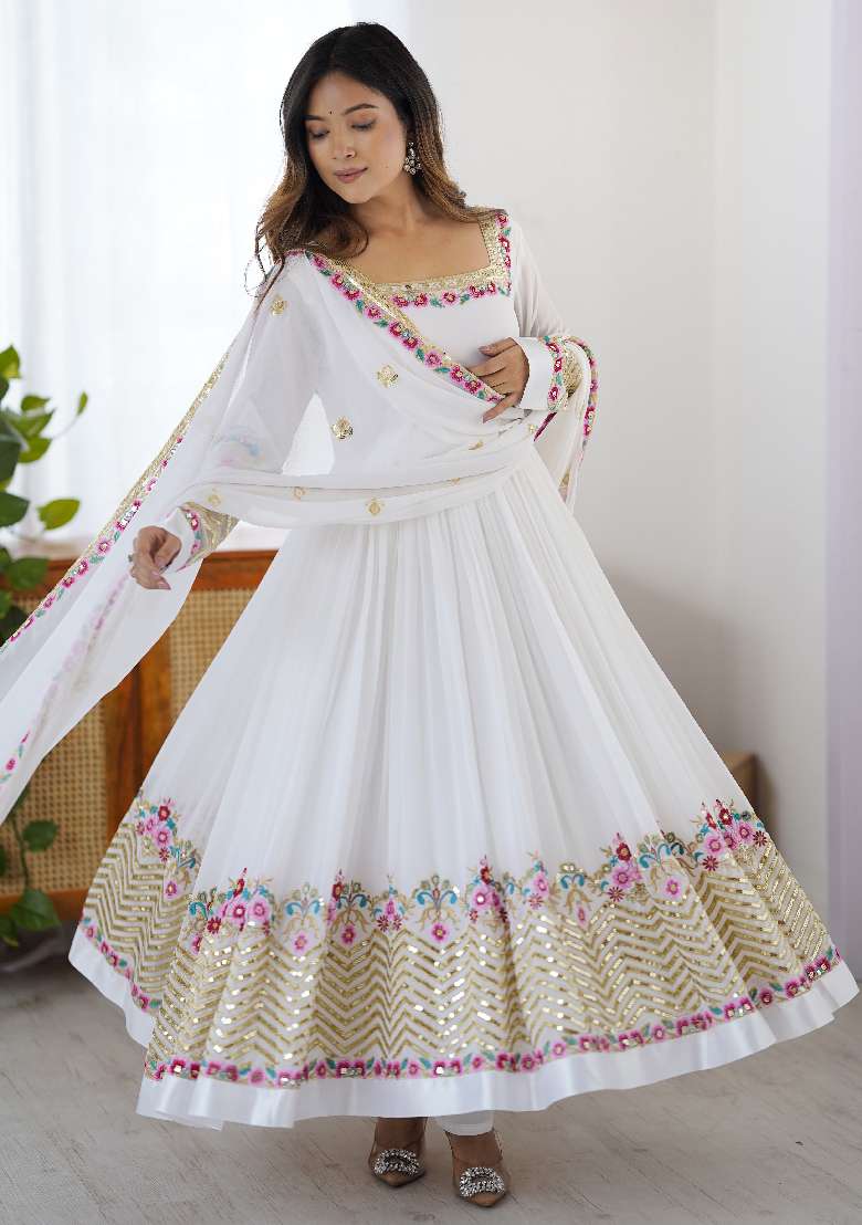 White Embroidered Georgette Anarkali Set - Indya