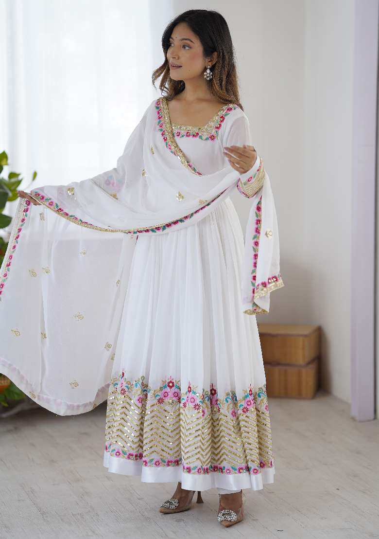 White Embroidered Georgette Anarkali Set - Indya