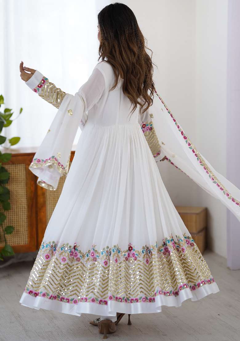 White Embroidered Georgette Anarkali Set - Indya