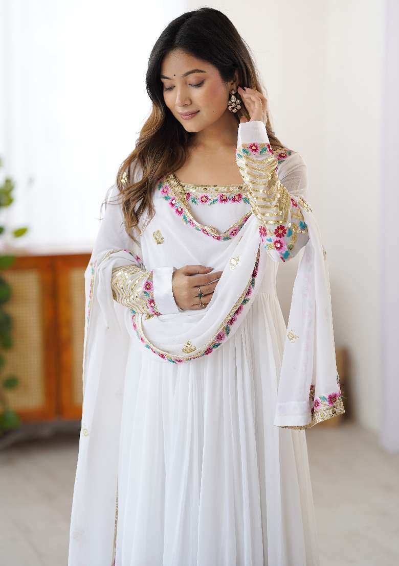 White Embroidered Georgette Anarkali Set - Indya
