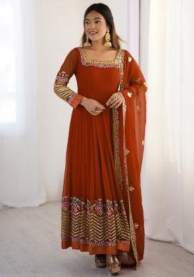 Orange  Sequnce Emroidery Work Georgette Kurta Set