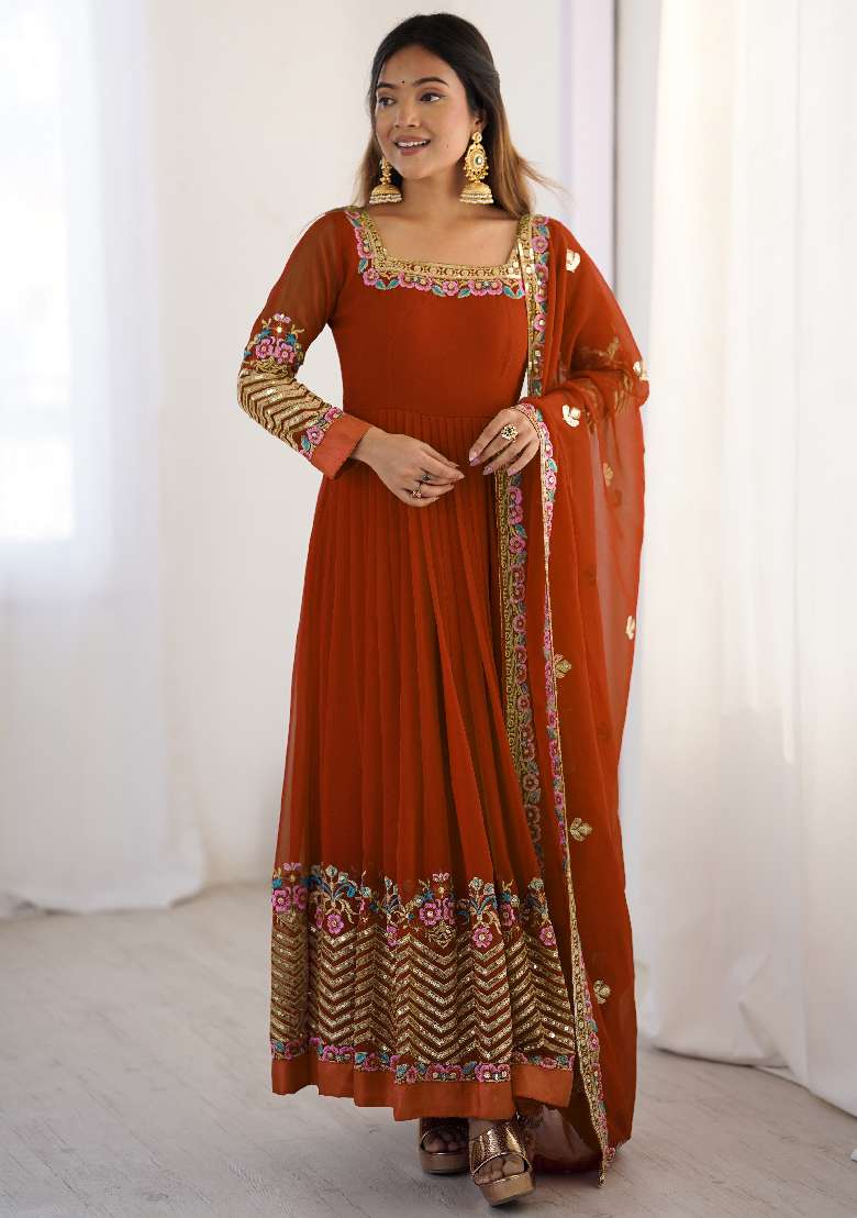 Orange Embroidered Georgette Anarkali Set - Indya