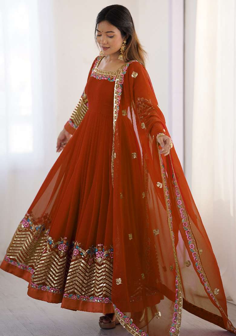 Orange Embroidered Georgette Anarkali Set - Indya
