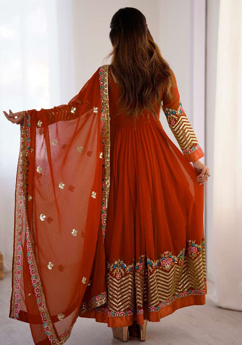 Orange Embroidered Georgette Anarkali Set - Indya