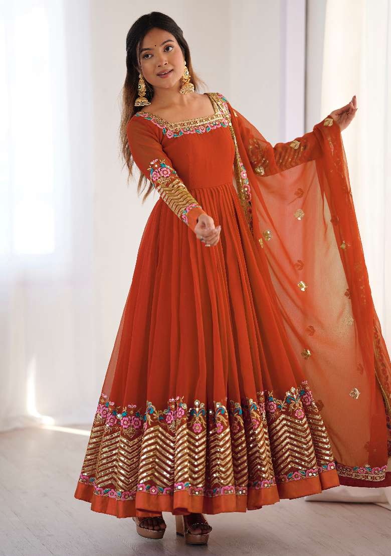 Orange Embroidered Georgette Anarkali Set - Indya