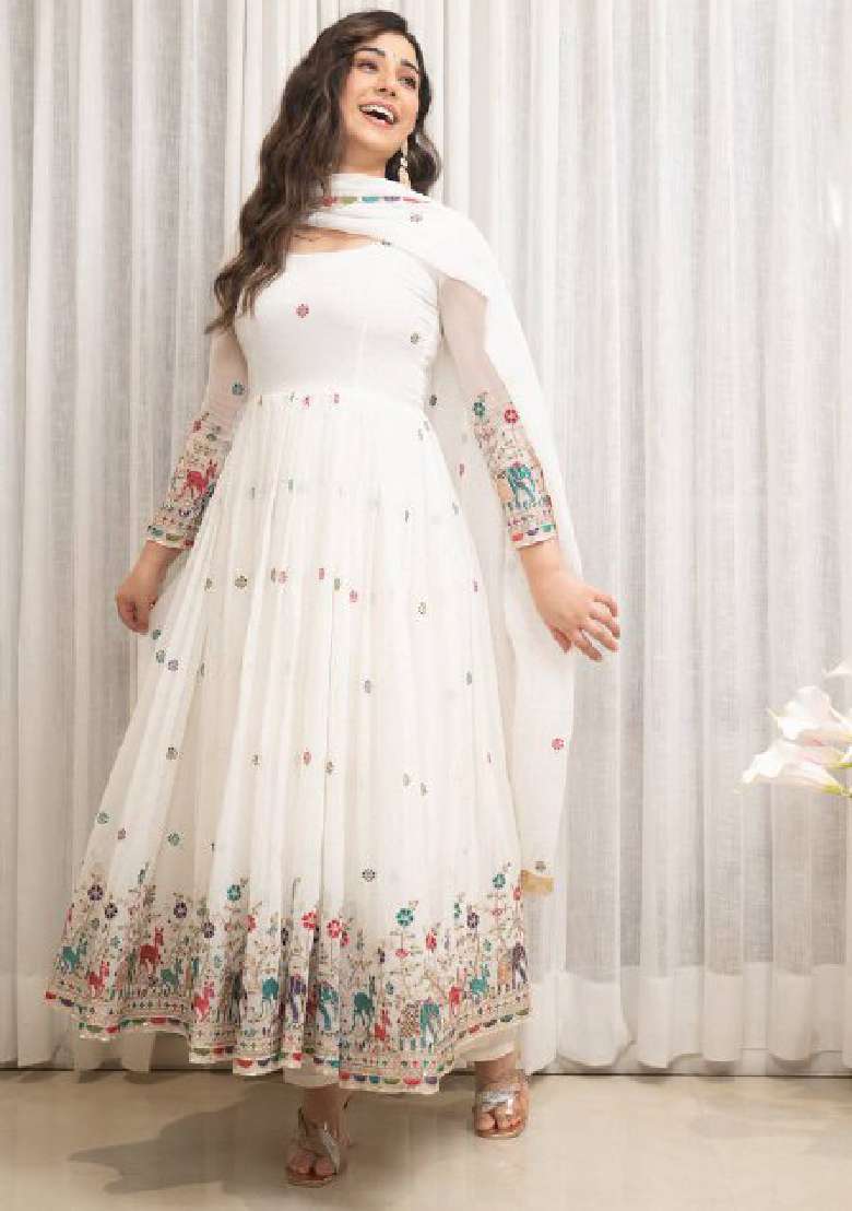 White Embroidered Georgette Anarkali Set - Indya