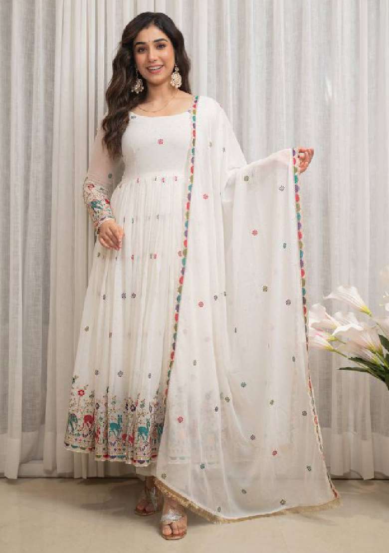White Embroidered Georgette Anarkali Set - Indya