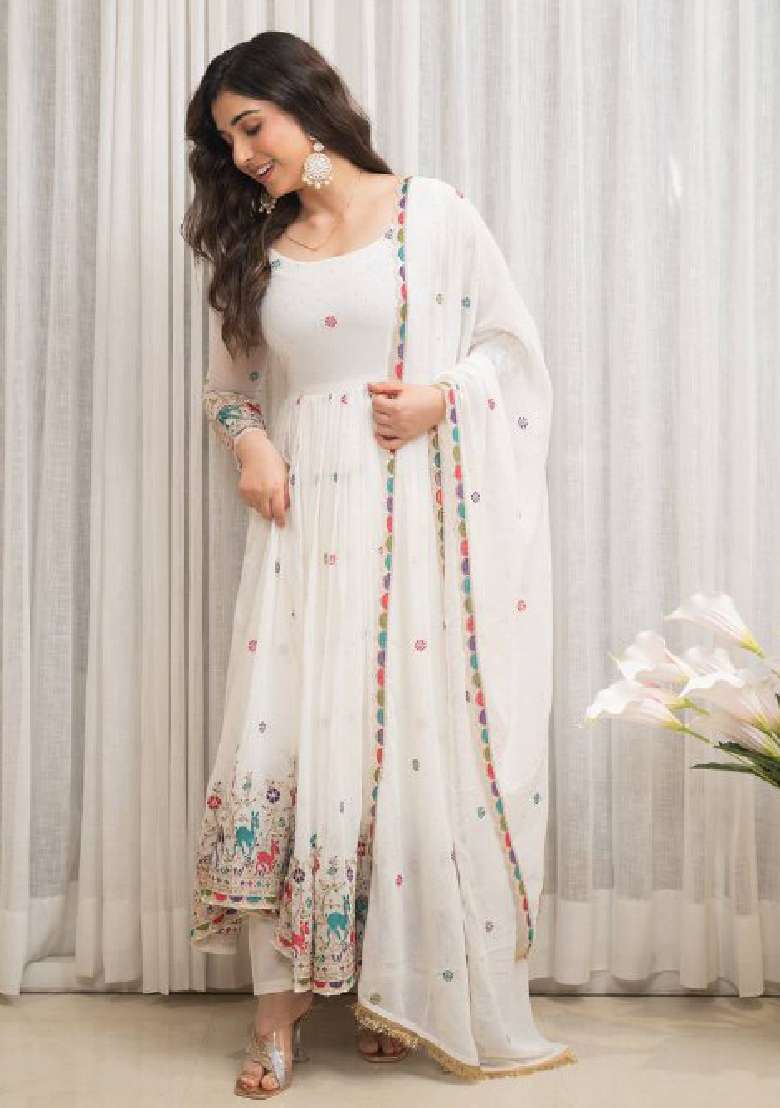 White Embroidered Georgette Anarkali Set - Indya