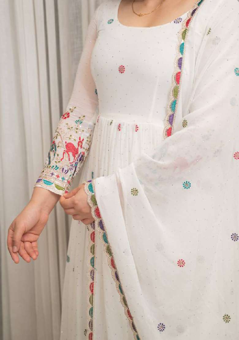 White Embroidered Georgette Anarkali Set - Indya