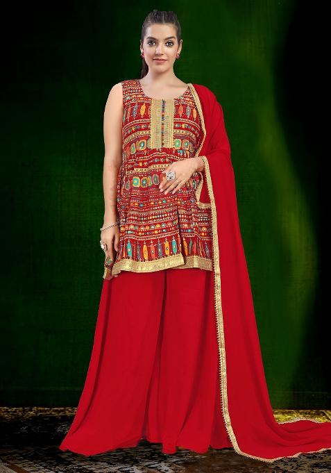 Red Embroidery Rayon Kurta Set