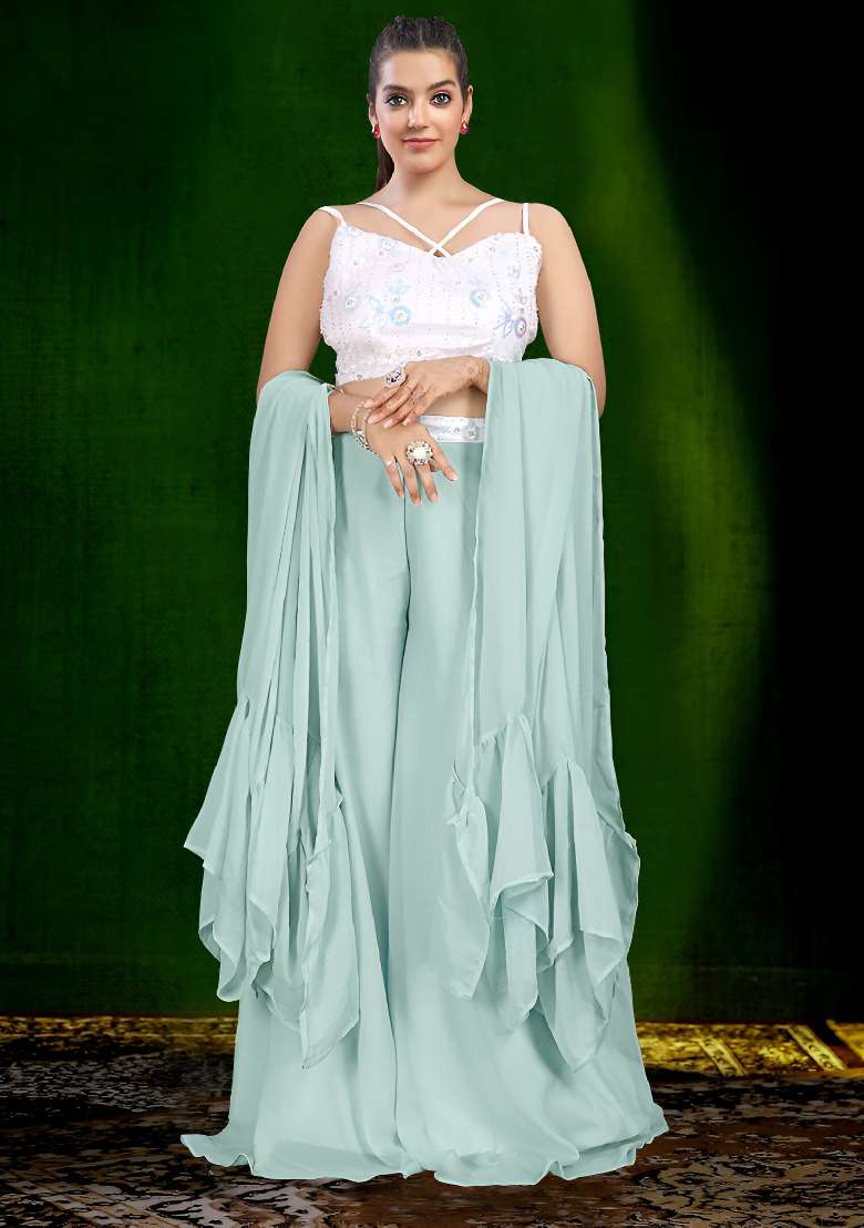 White Embroidered Net Sharara Set - Indya