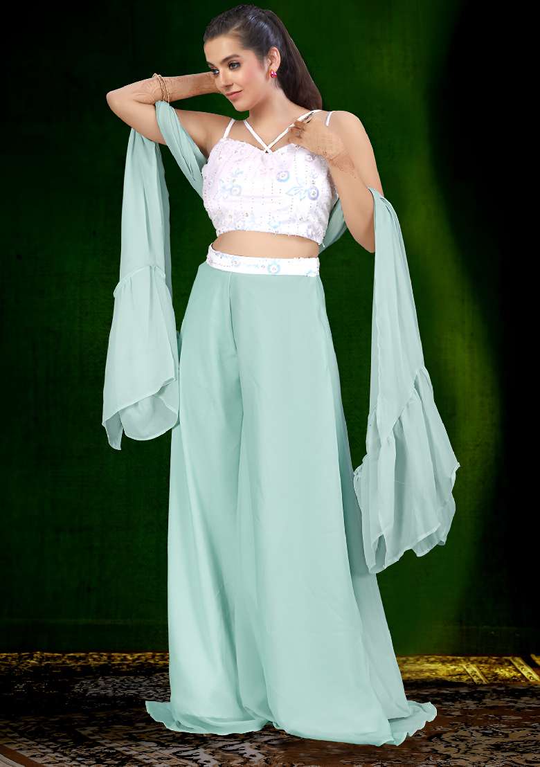 White Embroidered Net Sharara Set - Indya