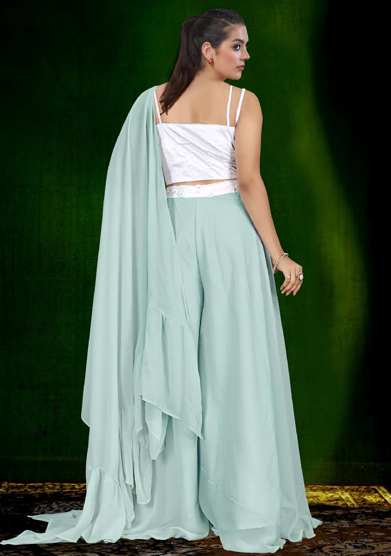 White Embroidered Net Sharara Set - Indya