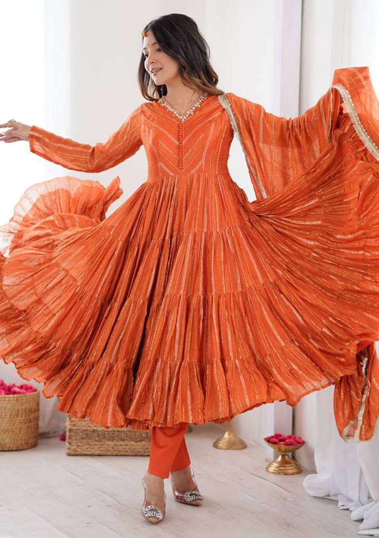 Orange Embroidery Chanderi Gown - Indya
