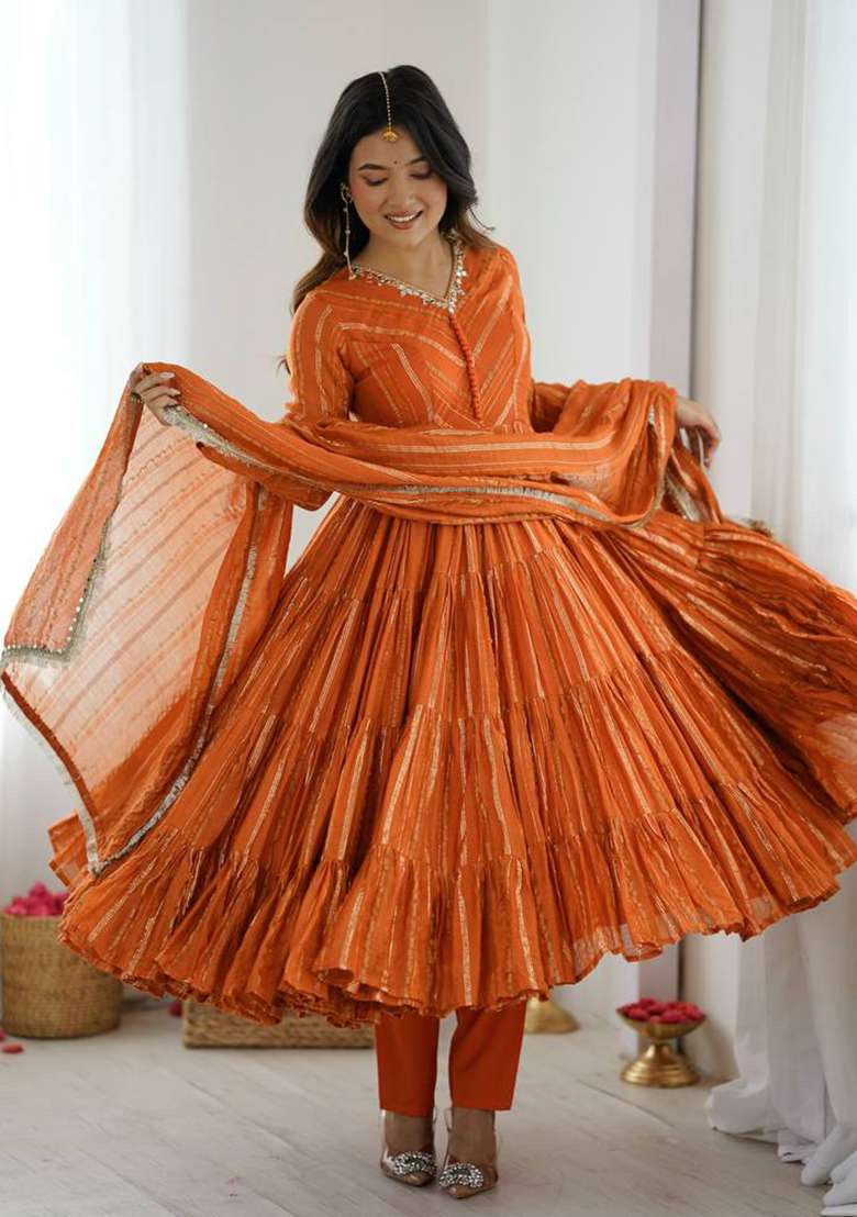 Orange Embroidery Chanderi Gown - Indya