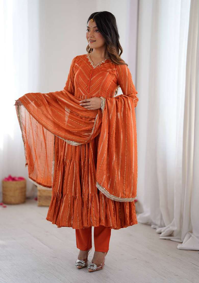Orange Embroidery Chanderi Gown - Indya