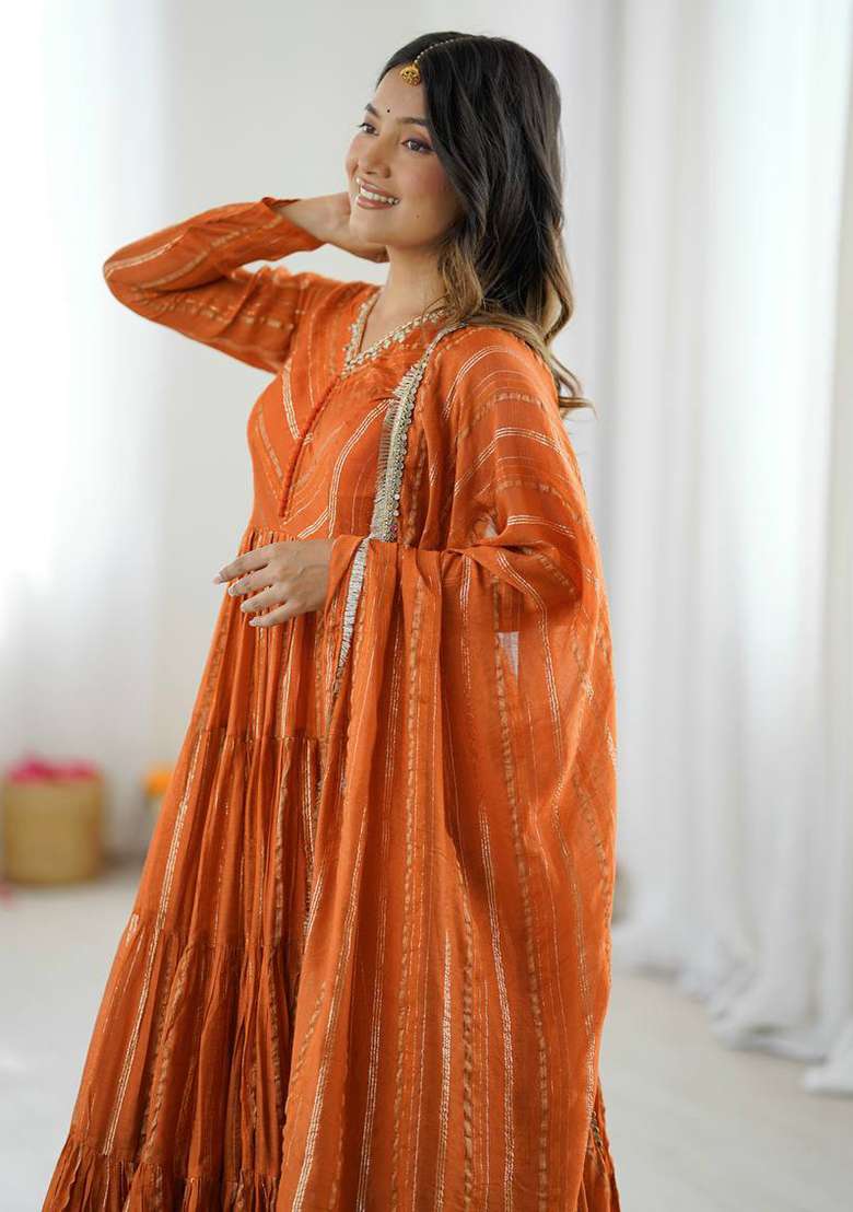 Orange Embroidery Chanderi Gown - Indya