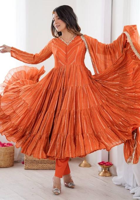 Orange Embroidery Chanderi Gown