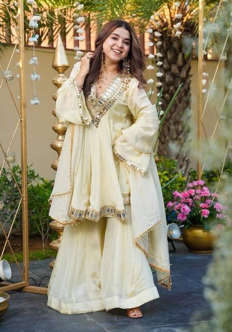 Doodhiya Ivory Embroidery Silk Sharara Set
