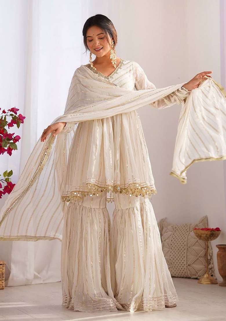 White Embroidery Chanderi Sharara Set - Indya