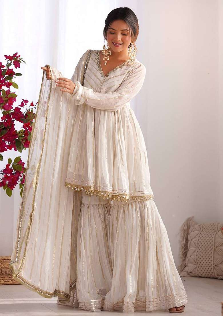 White Embroidery Chanderi Sharara Set - Indya