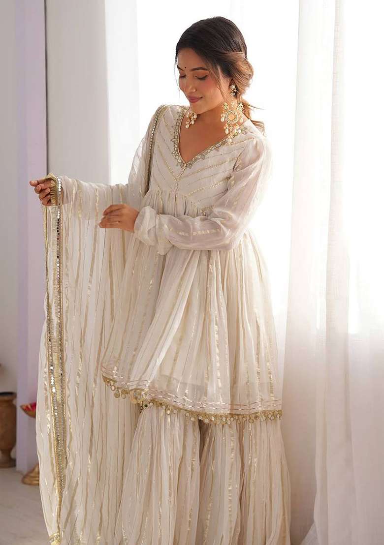 White Embroidery Chanderi Sharara Set - Indya
